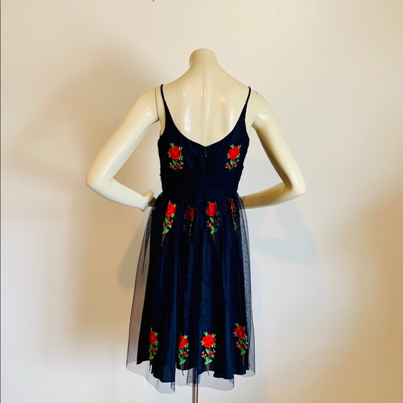 ANNA SUI Navy Blue Tulle Party Dress Red Rose Midi - Picture 5 of 6
